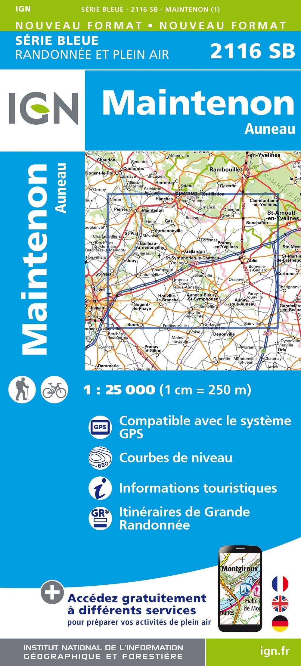 Carte de randonnée n° 2116 - Maintenon, Auneau | IGN - Série Bleue carte pliée IGN 