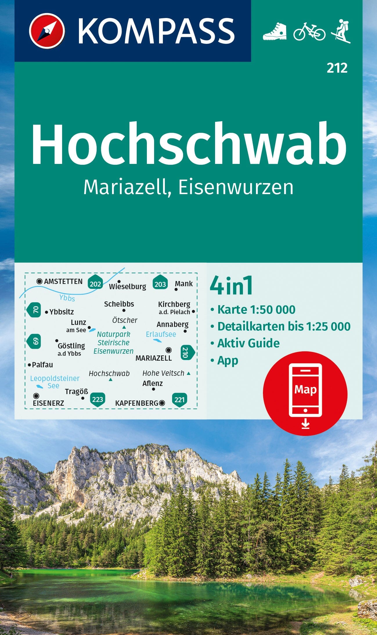 Carte de randonnée n° 212 - Hochschwab, Mariazell, Eisenwurzen (Autriche) | Kompass carte de randonnée Kompass