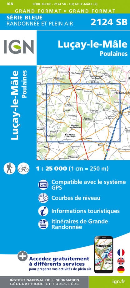 Carte de randonnée n° 2124 - Luçay-le-Mâle, Poulaines | IGN - Série Bleue carte de randonnée IGN