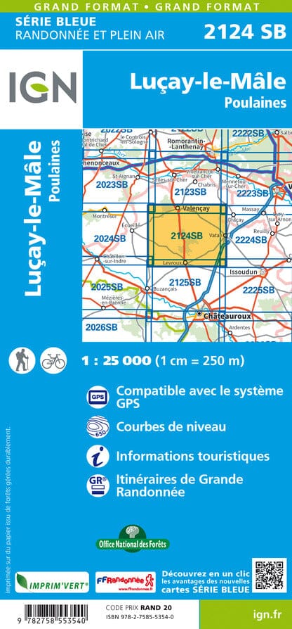 Carte de randonnée n° 2124 - Luçay-le-Mâle, Poulaines | IGN - Série Bleue carte de randonnée IGN