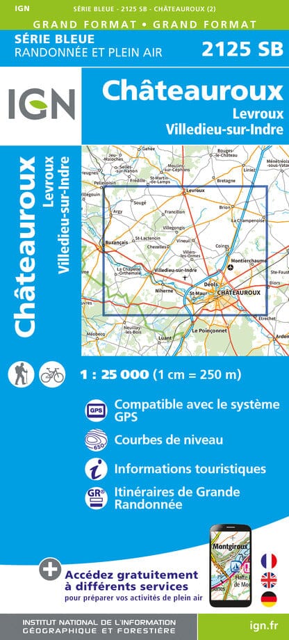 Carte de randonnée n° 2125 - Châteauroux, Levroux, Villedieu-sur-Indre | IGN - Série Bleue carte de randonnée IGN