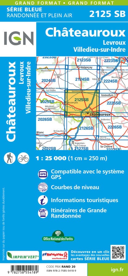 Carte de randonnée n° 2125 - Châteauroux, Levroux, Villedieu-sur-Indre | IGN - Série Bleue carte de randonnée IGN