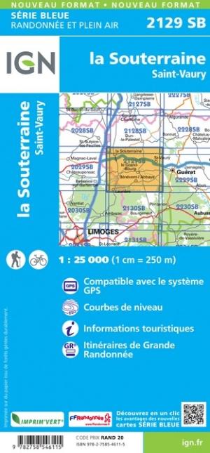 Carte de randonnée n° 2129 - La Souterraine, Saint-Vaur | IGN - Série Bleue carte pliée IGN 