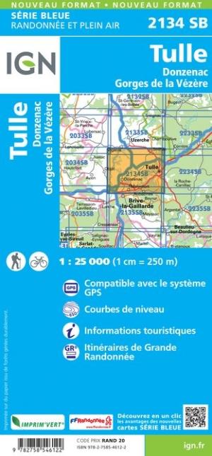 Carte de randonnée n° 2134 - Tulle, Donzenac, Gorges de la Vézère | IGN - Série Bleue carte pliée IGN 