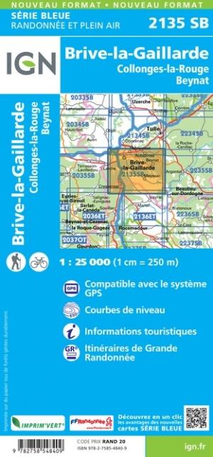 Carte de randonnée n° 2135 - Brive-La-Gaillarde, Collonges-La-Rouge, Beynat | IGN - Série Bleue carte de randonnée IGN