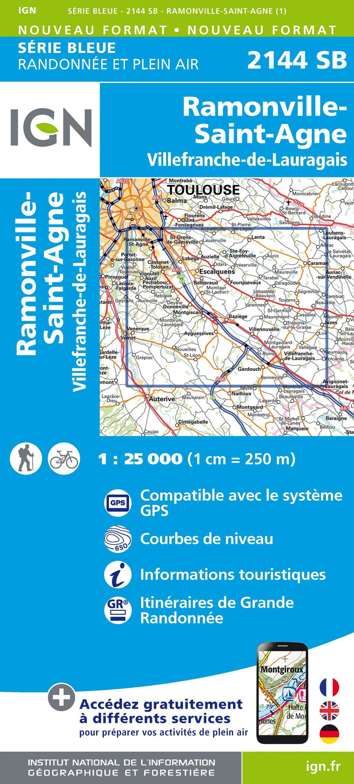 Carte de randonnée n° 2144 - Ramonville-Saint-Agne, Villefranche-de-Lauragais | IGN - Série Bleue carte pliée IGN 