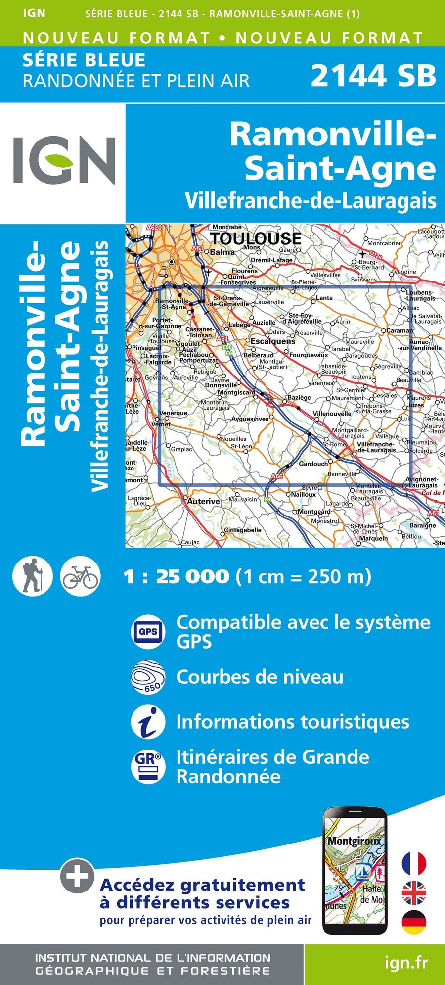 Carte de randonnée n° 2144 - Ramonville-Saint-Agne, Villefranche-de-Lauragais | IGN - Série Bleue carte pliée IGN 