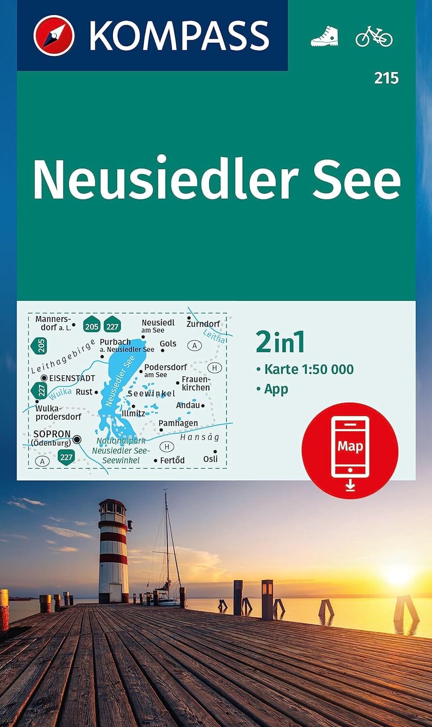 Carte de randonnée n° 215 - Neusiedler See + Aktiv Guide (Autriche) | Kompass carte de randonnée Kompass