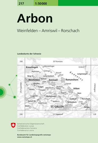 Carte de randonnée n° 217 - Arbon (Suisse) | Swisstopo - 1/50 000 carte pliée Swisstopo 