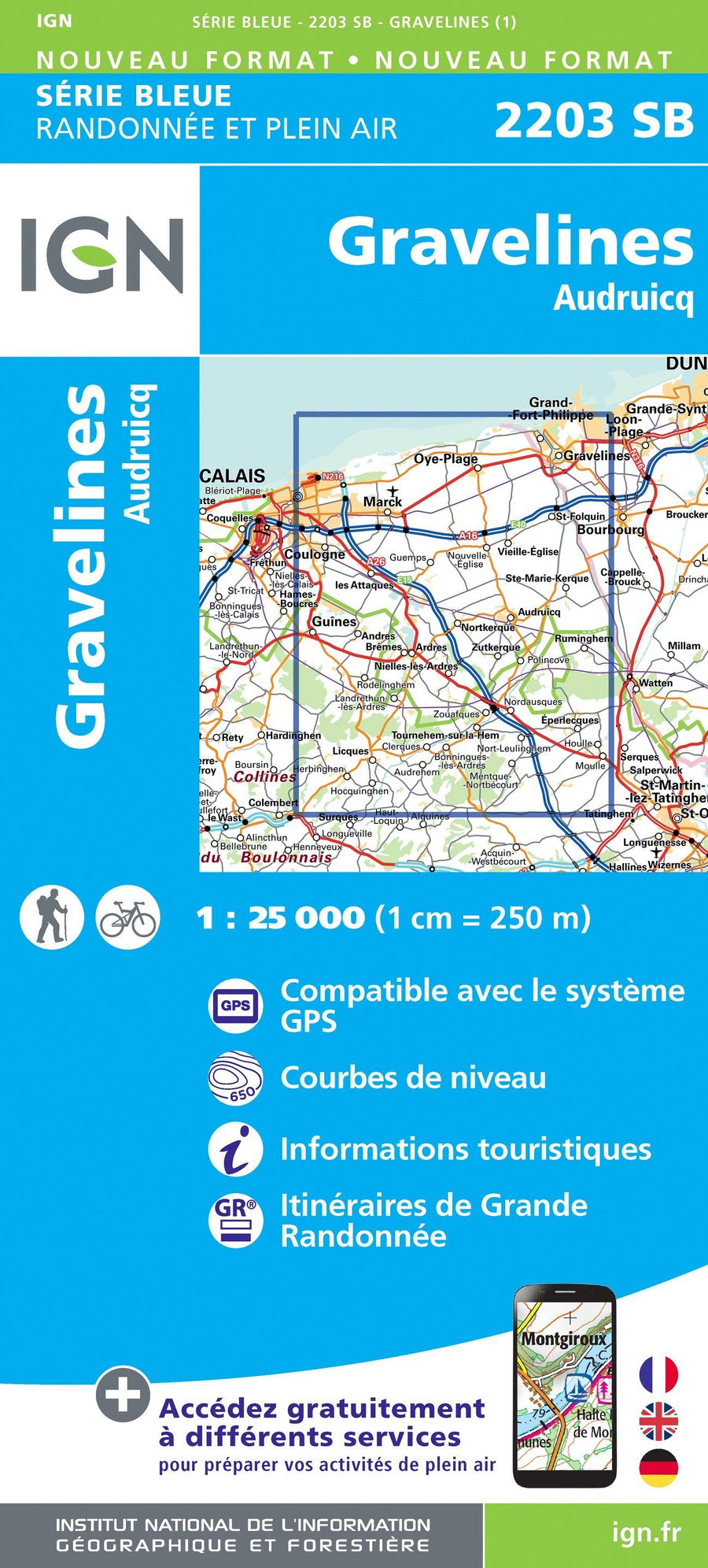 Carte de randonnée n° 2203 - Gravelines, Audruicq | IGN - Série Bleue carte pliée IGN 