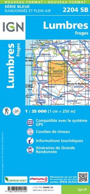 Carte de randonnée n° 2204 - Lumbres, Fruges | IGN - Série Bleue carte de randonnée IGN