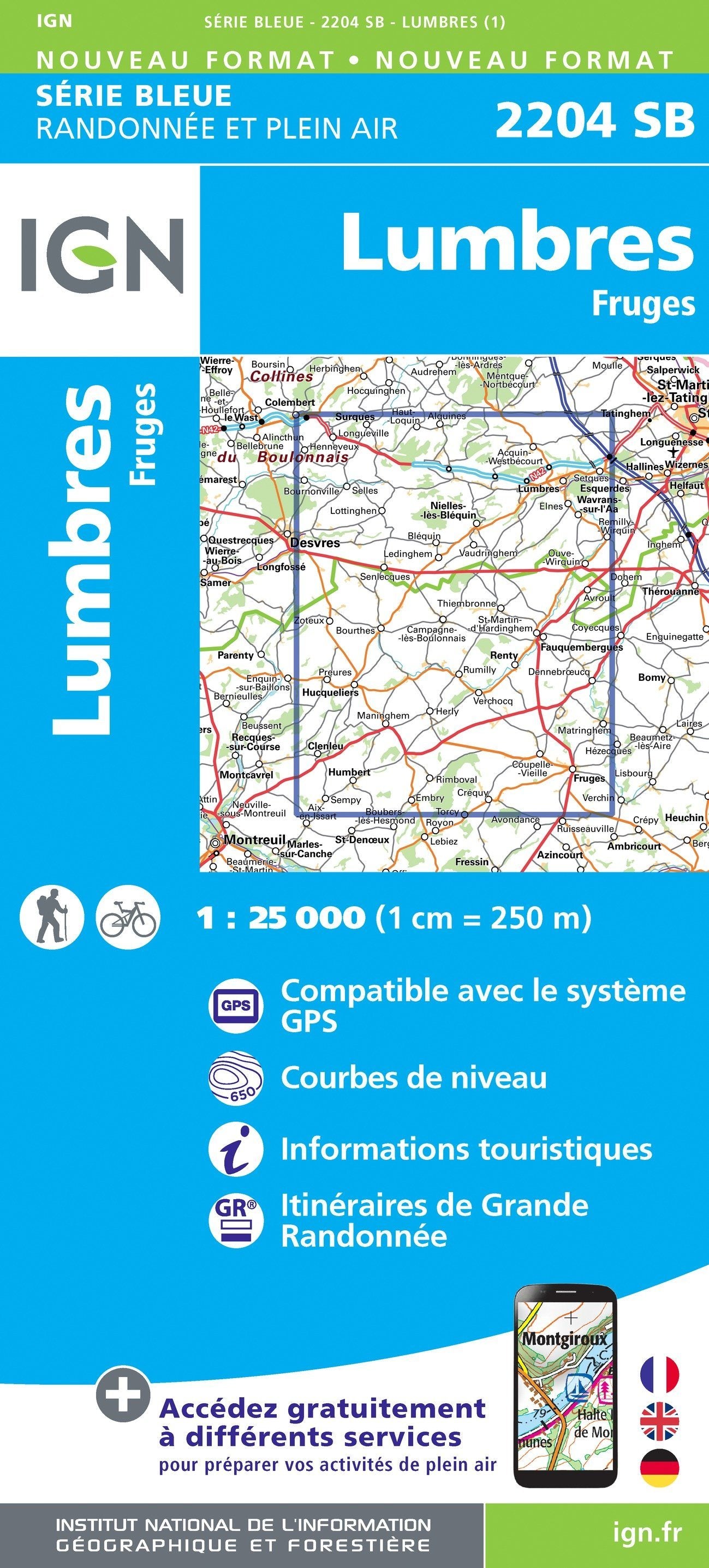 Carte de randonnée n° 2204 - Lumbres, Fruges | IGN - Série Bleue carte de randonnée IGN