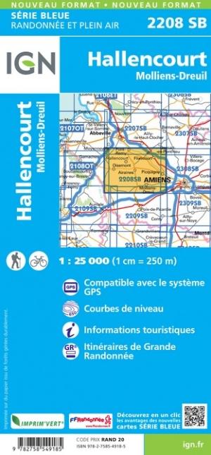 Carte de randonnée n° 2208 - Hallencourt, Molliens-Dreuil | IGN - Série Bleue carte de randonnée IGN