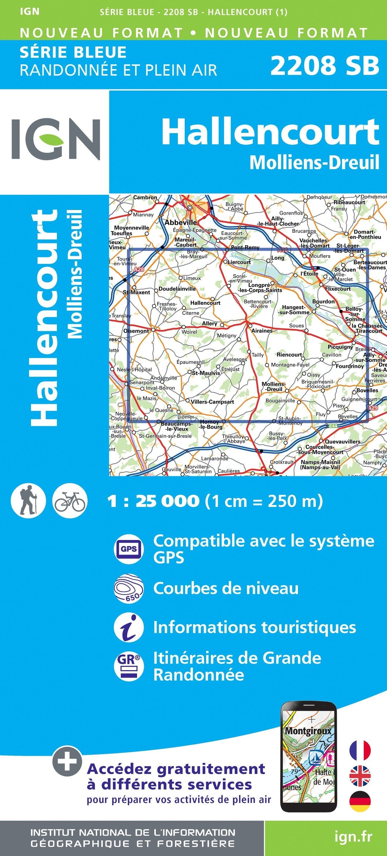 Carte de randonnée n° 2208 - Hallencourt, Molliens-Dreuil | IGN - Série Bleue carte de randonnée IGN