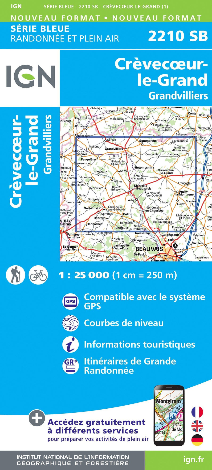 Carte de randonnée n° 2210 - Crèvecoeur-le-Grand, Grandvilliers | IGN - Série Bleue carte pliée IGN 