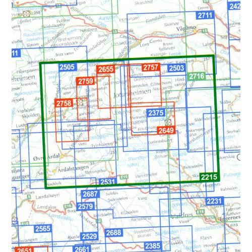Carte de randonnée n° 2215 - Jotunheimen (Norvège) | Nordeca - Turkart 1/100 000 carte de randonnée Nordeca