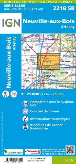 Carte de randonnée n° 2218 - Neuville-aux-Bois, Artenay | IGN - Série Bleue carte pliée IGN 