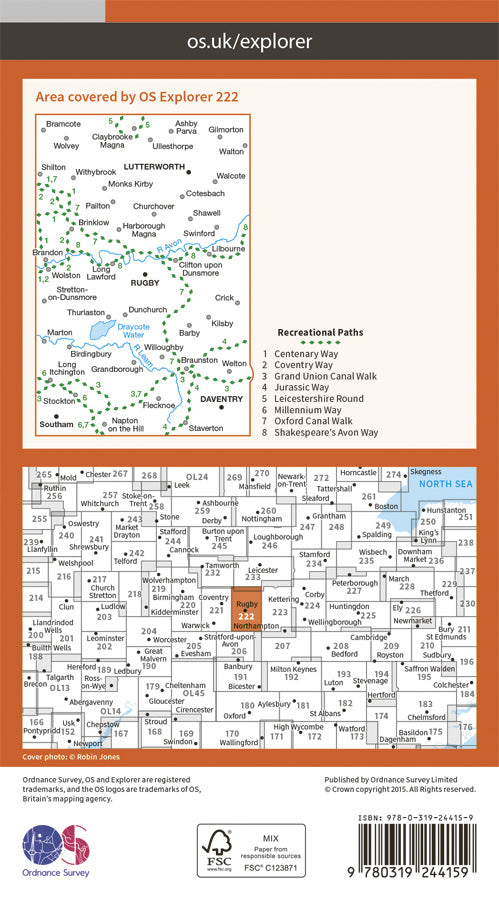 Carte de randonnée n° 222 - Rugby, Daventry (Grande Bretagne) | Ordnance Survey - Explorer carte pliée Ordnance Survey Papier 