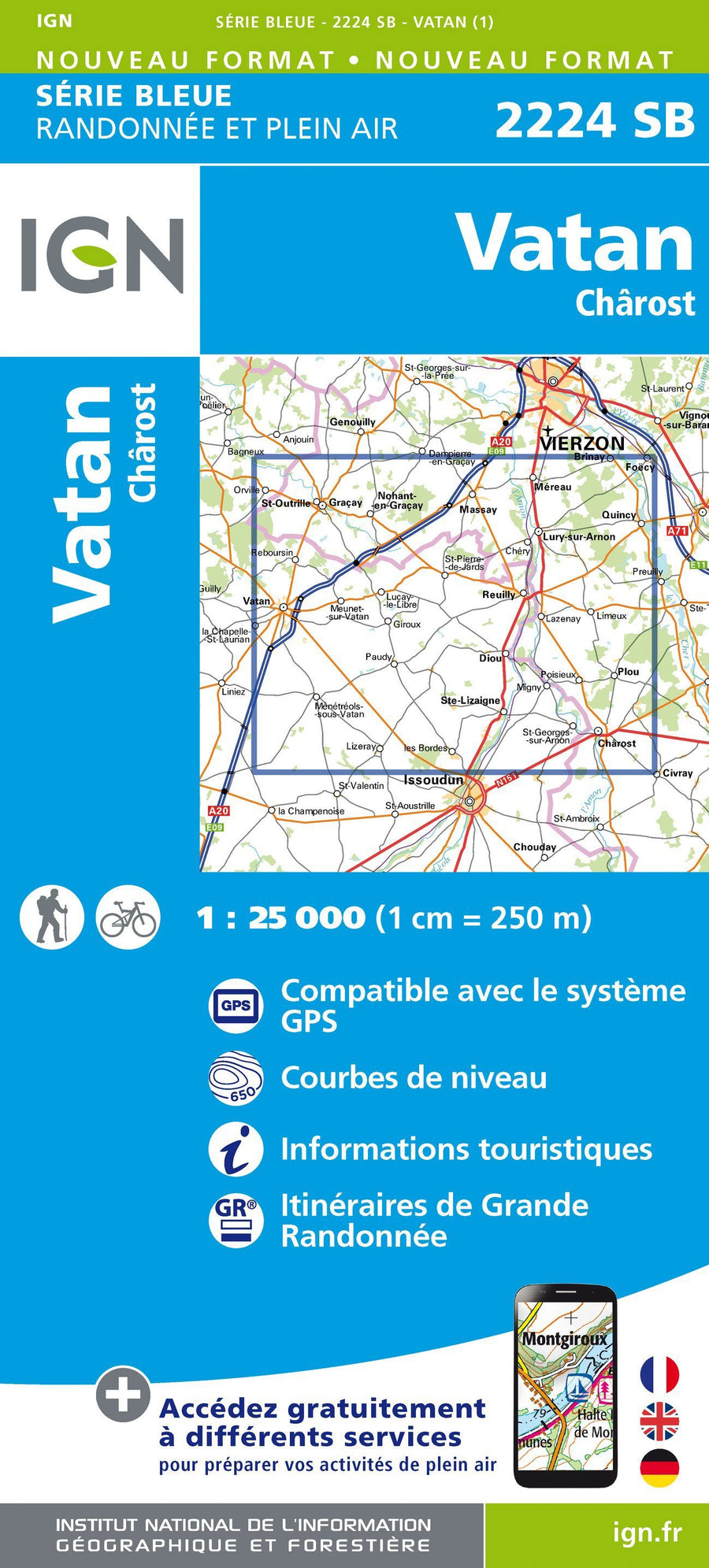 Carte de randonnée n° 2224 - Vatan, Chârost | IGN - Série Bleue carte pliée IGN 