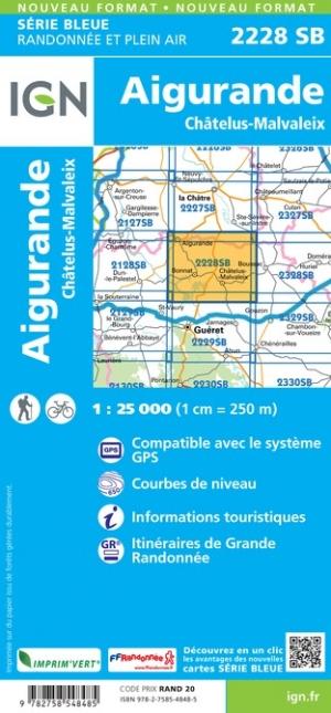 Carte de randonnée n° 2228 - Aigurande, Châtelus-Malvaleix | IGN - Série Bleue carte de randonnée IGN