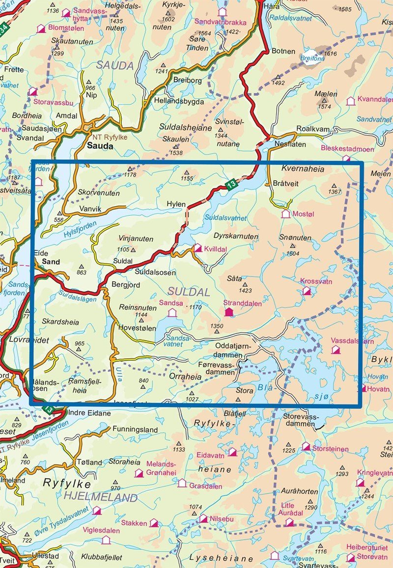 Carte de randonnée n° 2228 - Suldalsheiene (Norvège) | Nordeca - Turkart 1/50 000 carte de randonnée Nordeca