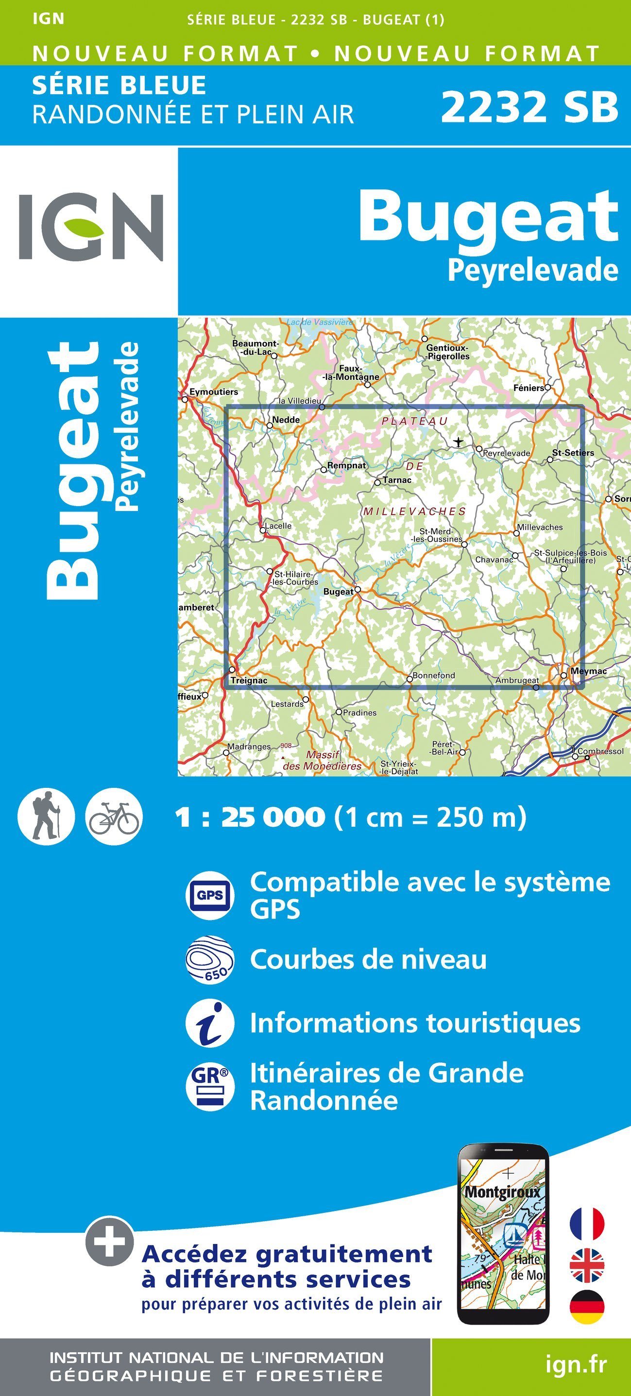 Carte de randonnée n° 2232 - Bugeat, Peyrelevade | IGN - Série Bleue carte de randonnée IGN Default Title