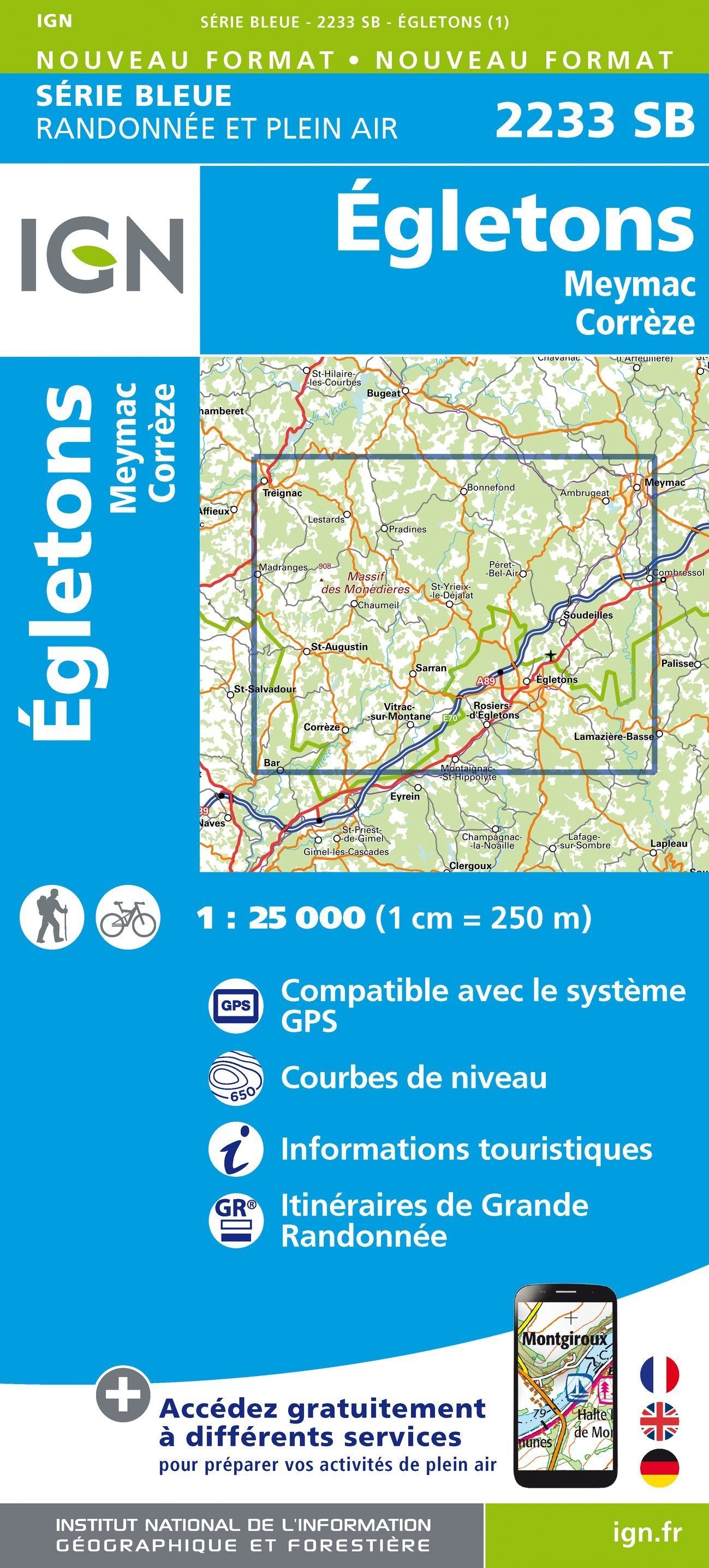 Carte de randonnée n° 2233 - Egletons, Meymac | IGN - Série Bleue carte de randonnée IGN