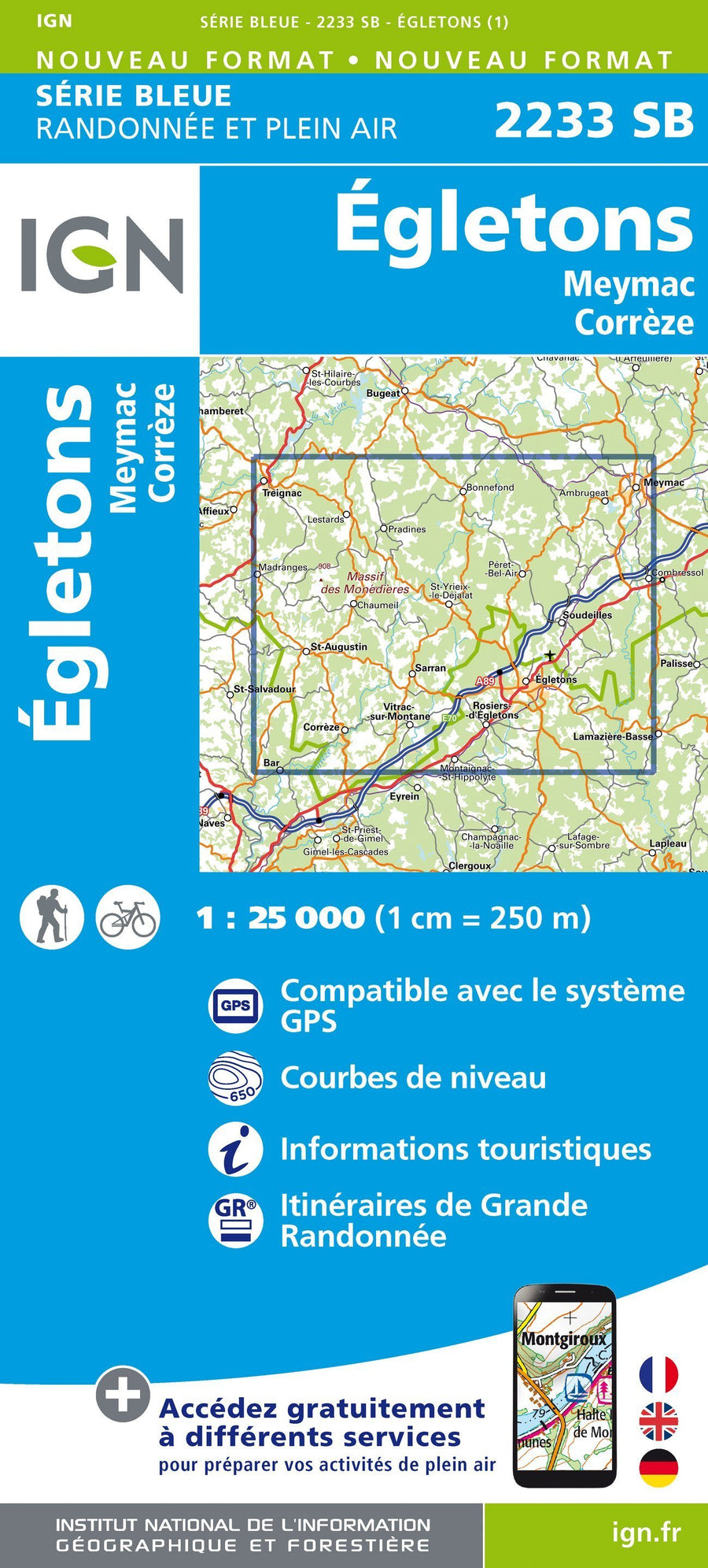 Carte de randonnée n° 2233 - Egletons, Meymac | IGN - Série Bleue carte pliée IGN 