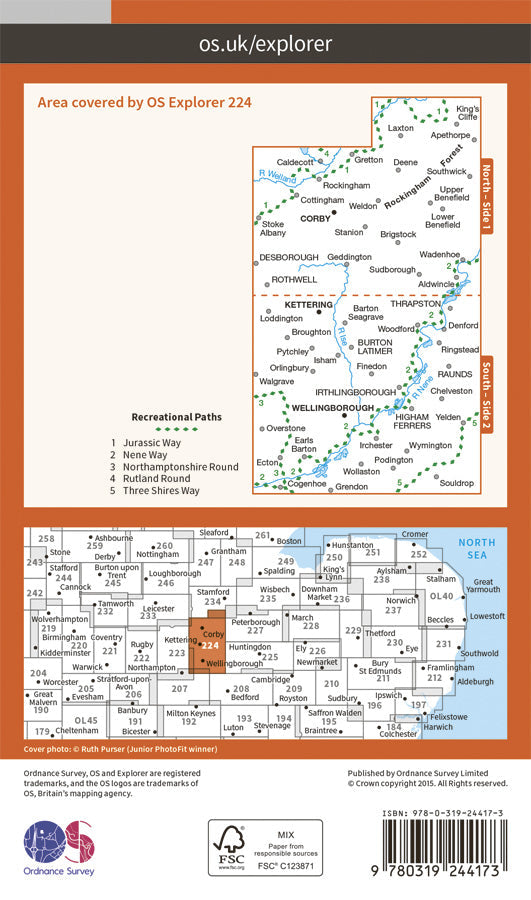 Carte de randonnée n° 224 - Corby/ Kettering, Wellingborough (Grande Bretagne) | Ordnance Survey - Explorer carte de randonnée Ordnance Survey