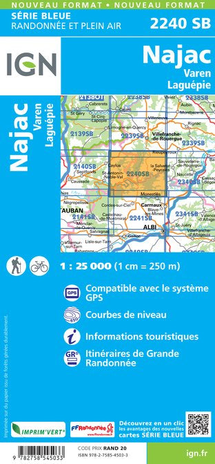 Carte de randonnée n° 2240 - Najac, Varen, Laguépie | IGN - Série Bleue carte de randonnée IGN