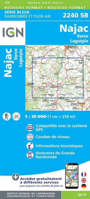 Carte de randonnée n° 2240 - Najac, Varen, Laguépie | IGN - Série Bleue carte de randonnée IGN
