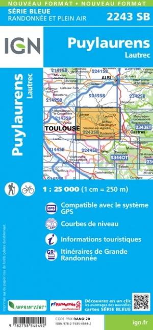 Carte de randonnée n° 2243 - Puylaurens, Lautrec | IGN - Série Bleue carte de randonnée IGN