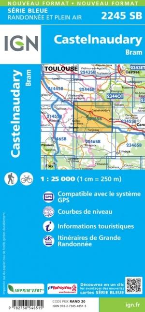 Carte de randonnée n° 2245 - Castelnaudary, Bram | IGN - Série Bleue carte pliée IGN 