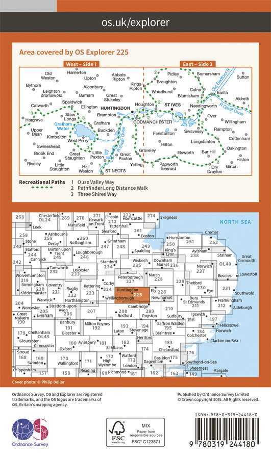 Carte de randonnée n° 225 - Huntingdon, St Ives (Grande Bretagne) | Ordnance Survey - Explorer carte de randonnée Ordnance Survey