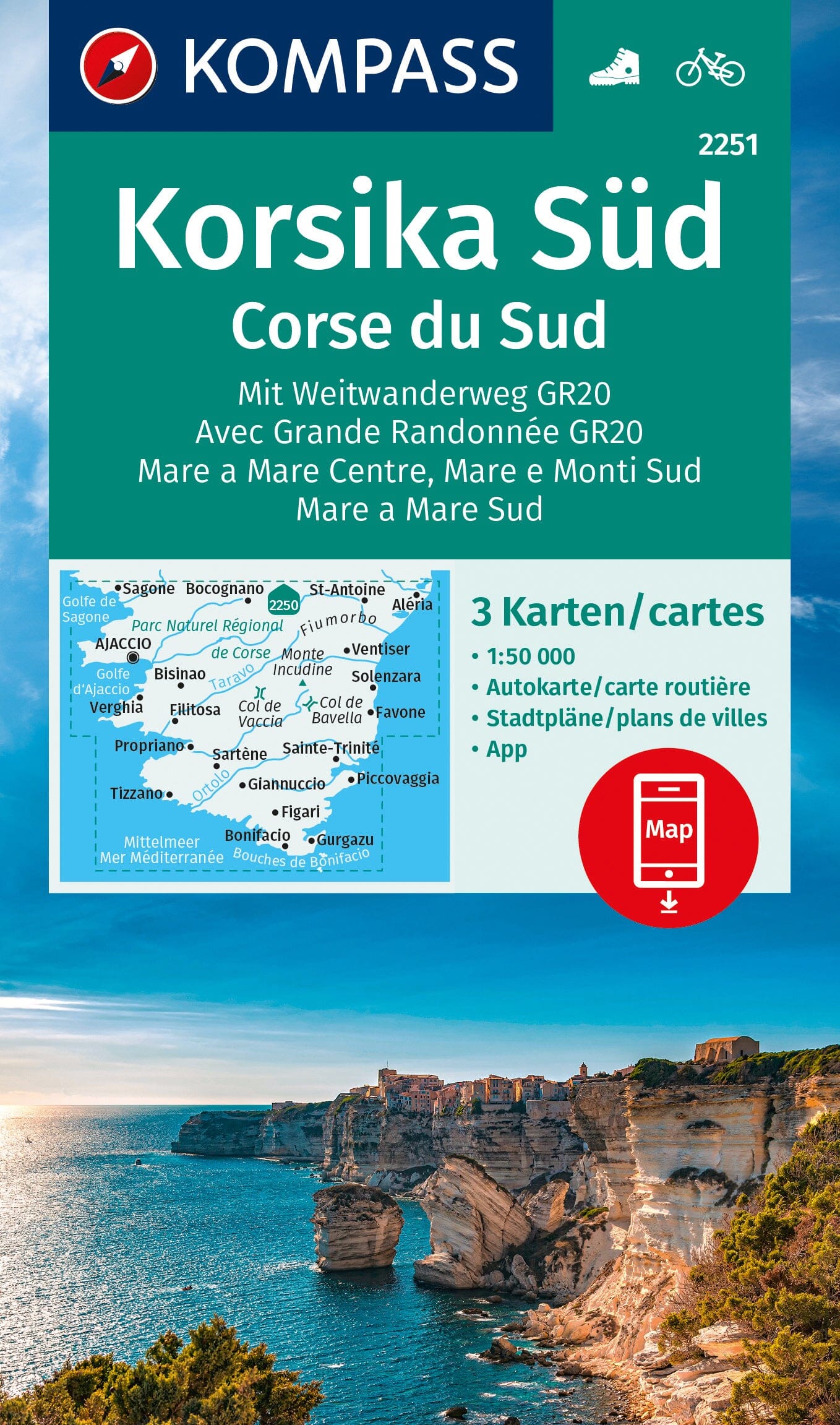 Carte de randonnée n° 2251 - Corse Sud (lot de 3)+ Activ Guide | Kompass carte de randonnée Kompass