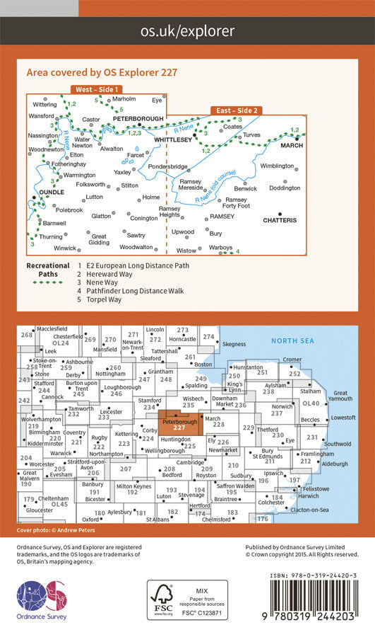 Carte de randonnée n° 227 - Peterborough /March, Whittlesey, Chatteris, Oundle (Grande Bretagne) | Ordnance Survey - Explorer carte de randonnée Ordnance Survey