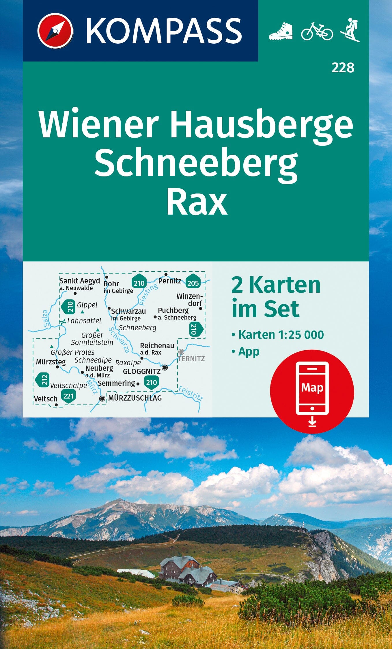 Carte de randonnée n° 228 - Wiener Hausberge, Schneeberg 2, Rax + Naturführer (Autriche) | Kompass carte de randonnée Kompass