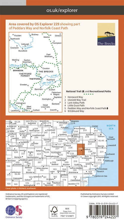 Carte de randonnée n° 229 - Thetford Forest in The Brecks, Thetford & Brandon (Grande Bretagne) | Ordnance Survey - Explorer carte de randonnée Ordnance Survey