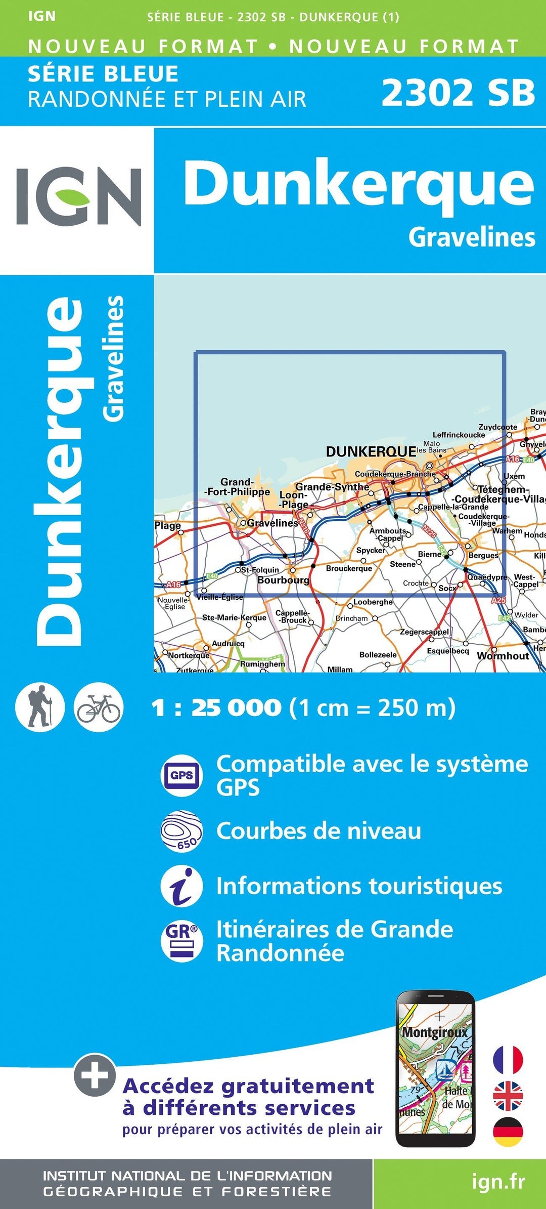 Carte de randonnée n° 2302 - Dunkerque, Gravelines | IGN - Série Bleue carte pliée IGN 