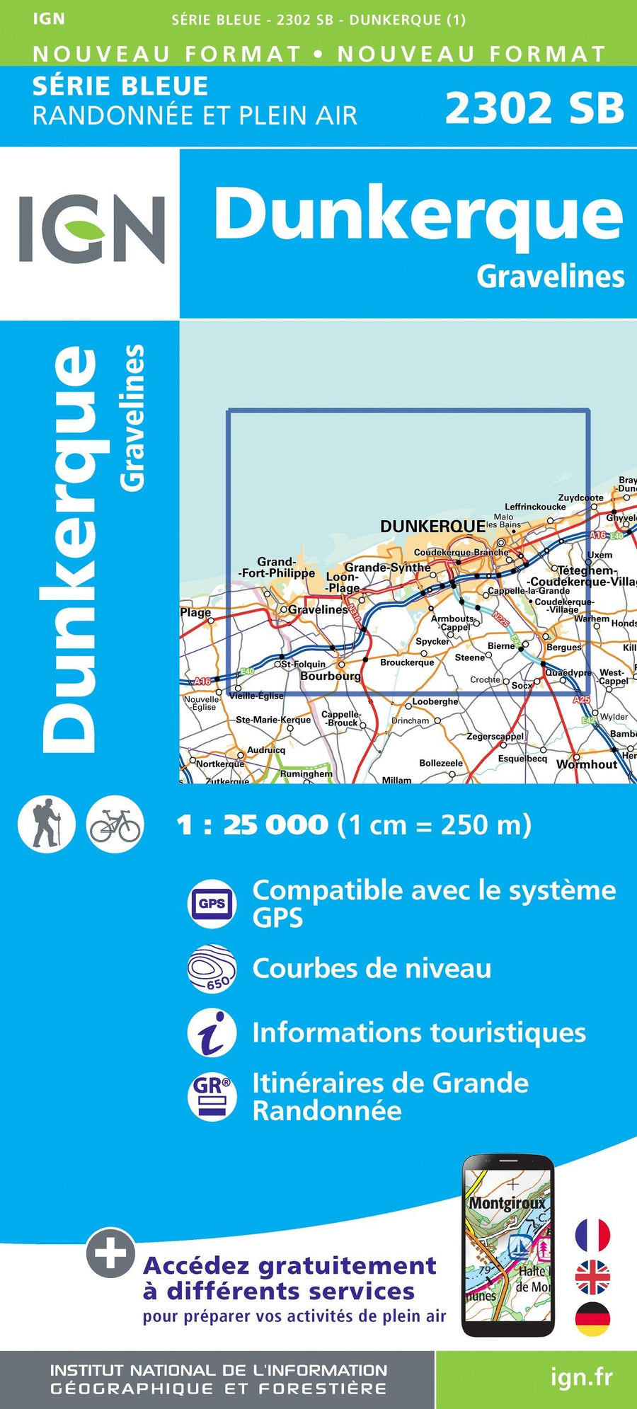 Carte de randonnée n° 2302 - Dunkerque, Gravelines | IGN - Série Bleue carte pliée IGN 