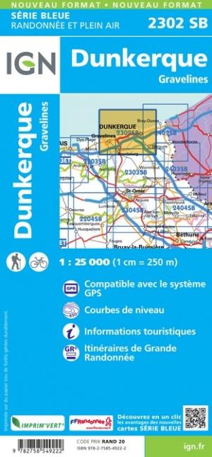 Carte de randonnée n° 2302 - Dunkerque, Gravelines | IGN - Série Bleue carte de randonnée IGN