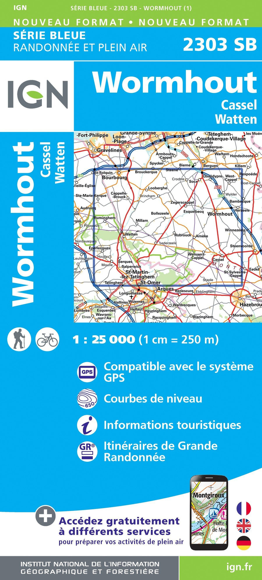Carte de randonnée n° 2303 - Wormhout, Cassel, Watten | IGN - Série Bleue carte pliée IGN 