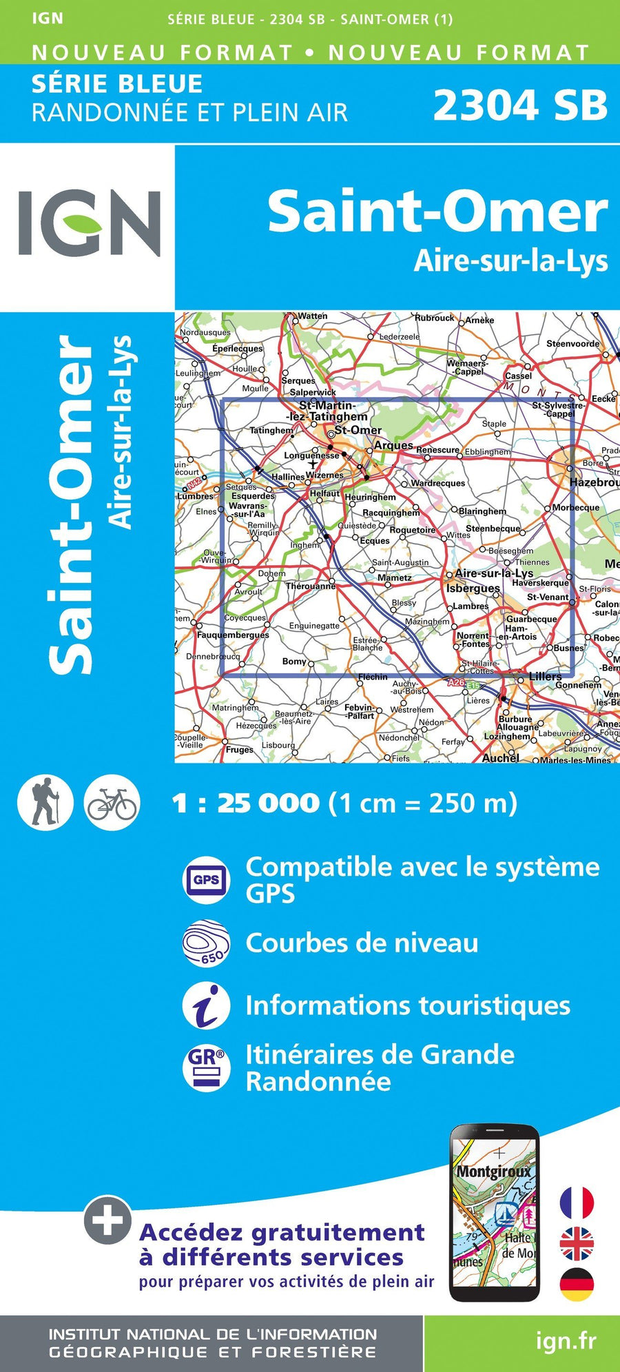Carte de randonnée n° 2304 - Saint-Omer, Aire-sur-la-Lys | IGN - Série Bleue carte pliée IGN 