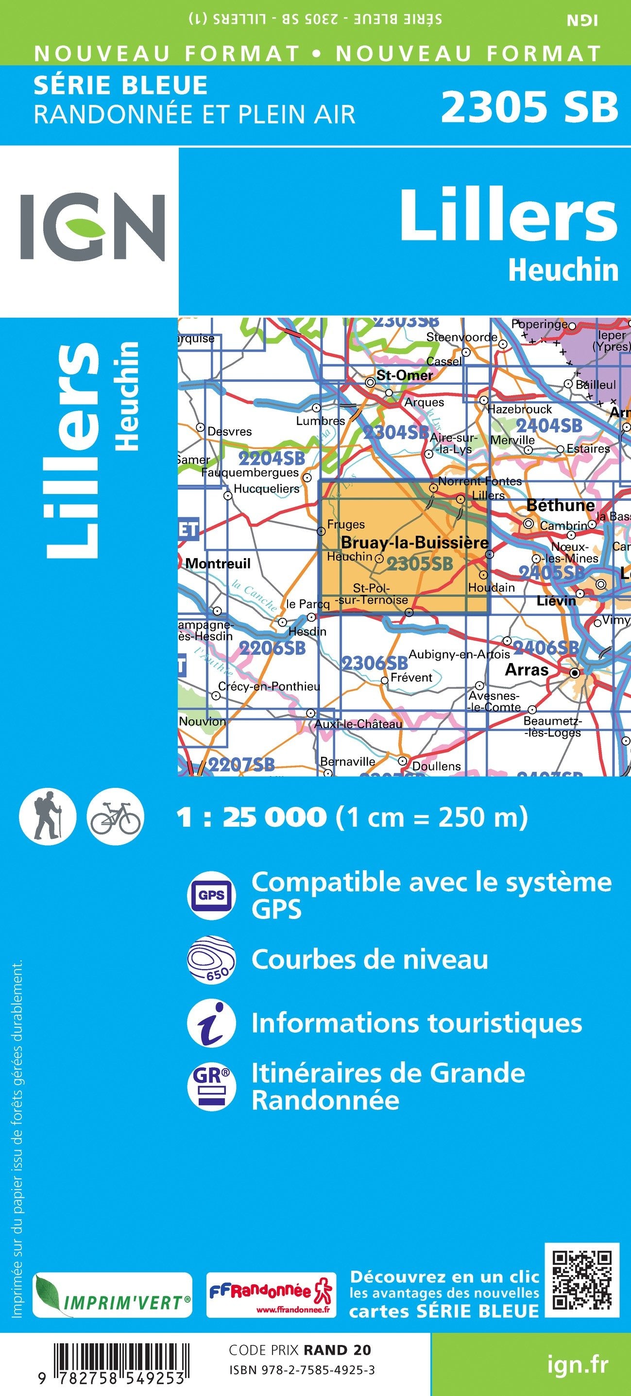 Carte de randonnée n° 2305 - Lillers, Heuchin | IGN - Série Bleue carte de randonnée IGN