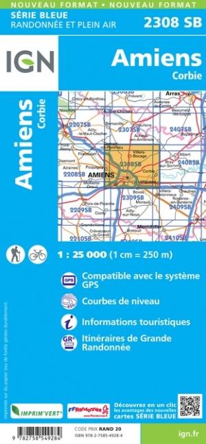 Carte de randonnée n° 2308 - Amiens, Corbi | IGN - Série Bleue carte de randonnée IGN