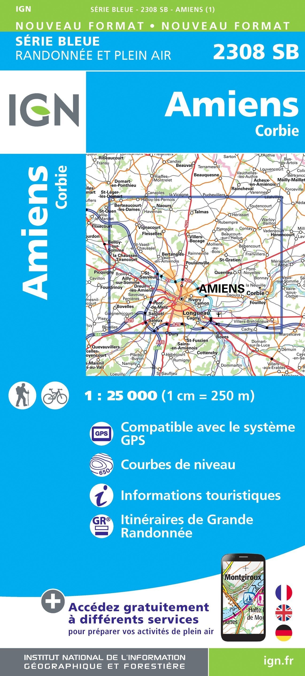 Carte de randonnée n° 2308 - Amiens, Corbi | IGN - Série Bleue carte de randonnée IGN