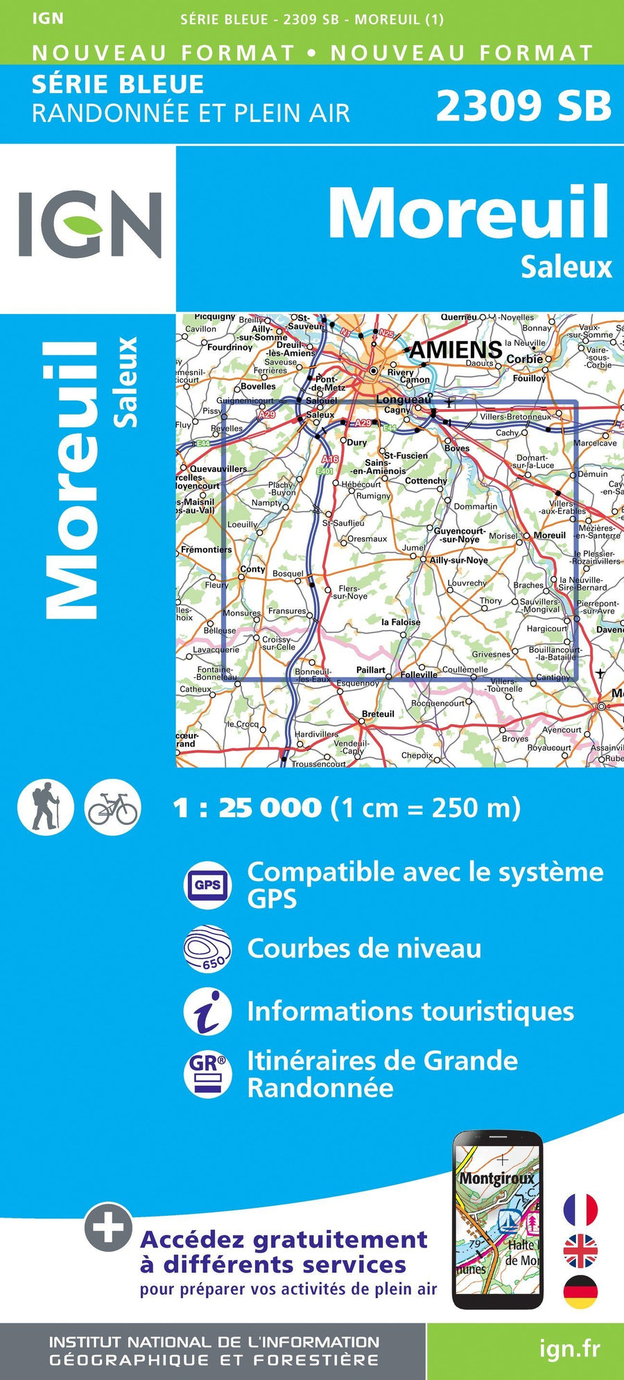 Carte de randonnée n° 2309 - Moreuil, Saleux | IGN - Série Bleue carte pliée IGN 