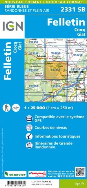 Carte de randonnée n° 2331 - Felletin, Crocq, Giat | IGN - Série Bleue carte pliée IGN 