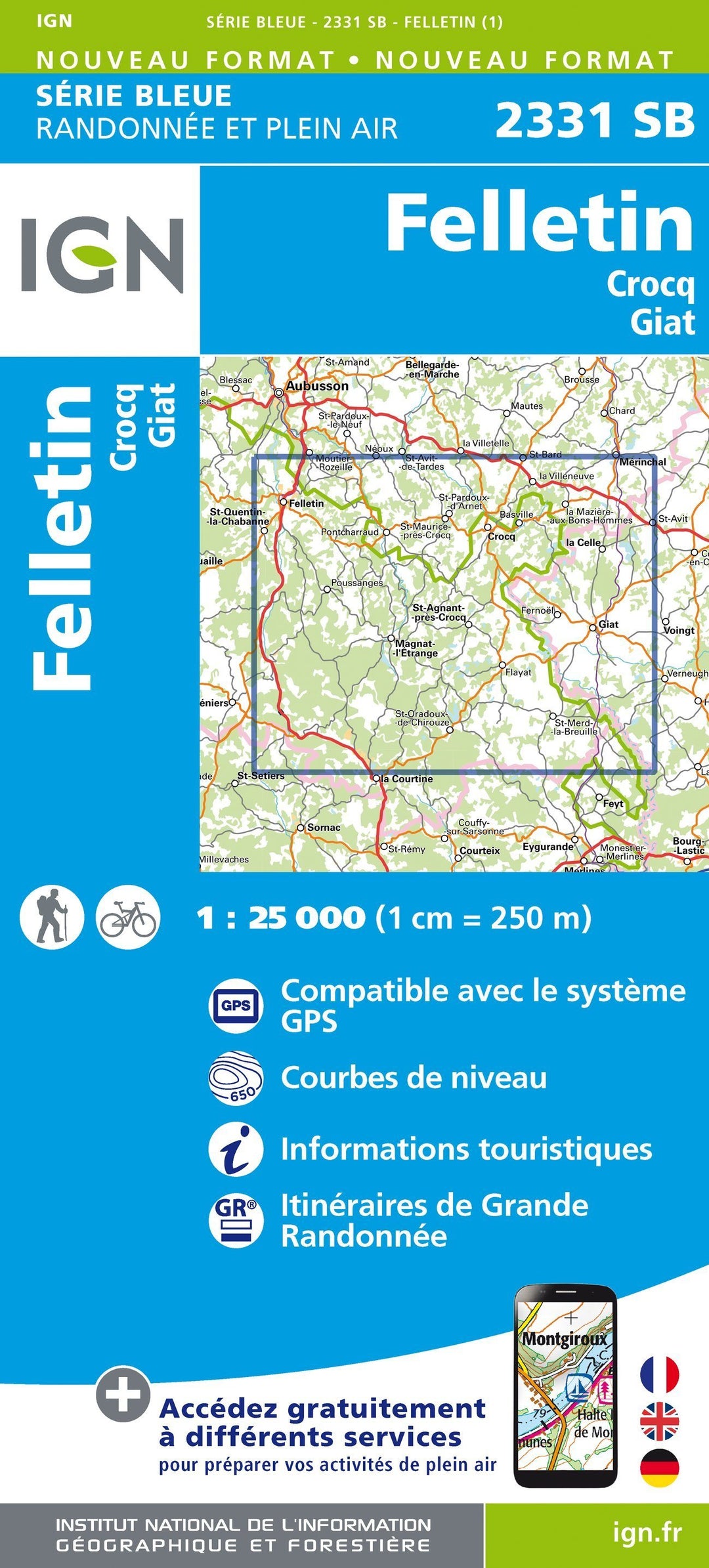 Carte de randonnée n° 2331 - Felletin, Crocq, Giat | IGN - Série Bleue carte pliée IGN 
