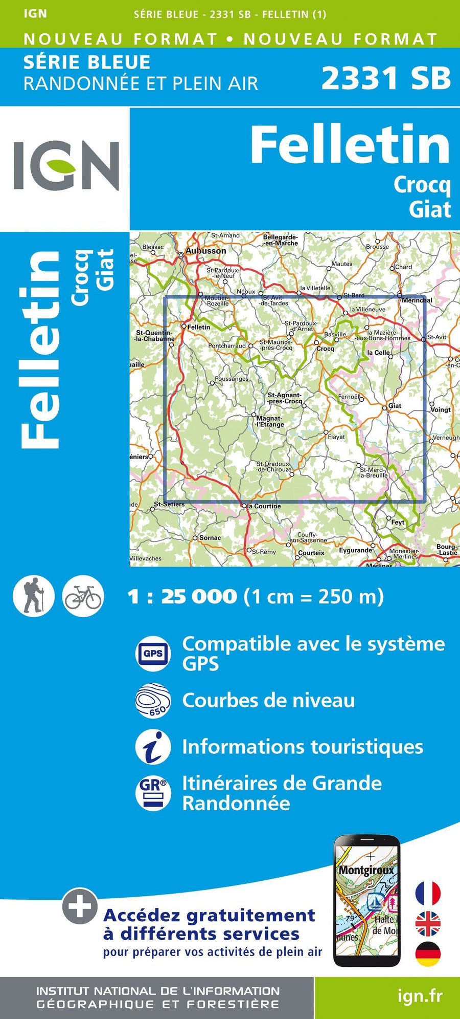 Carte de randonnée n° 2331 - Felletin, Crocq, Giat | IGN - Série Bleue carte pliée IGN 
